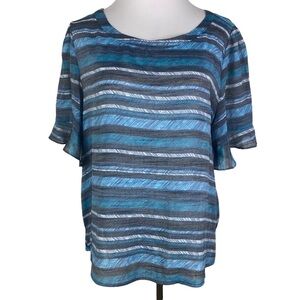 Zac & Rachel Blue Gray Striped Ruffle Sleeve Blouse Women's Large